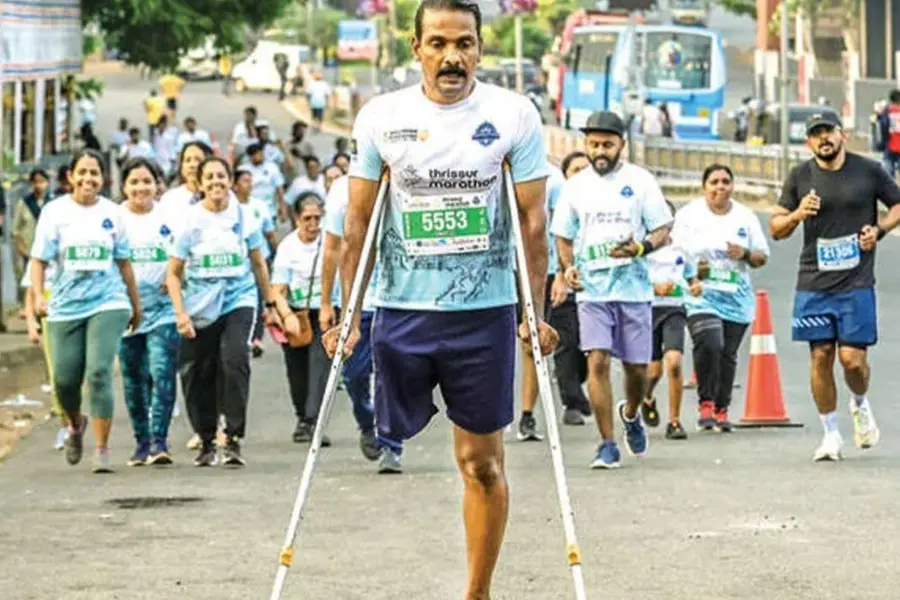 Kerala man, 50, runs 5 km marathon on crutches after amputation of leg
