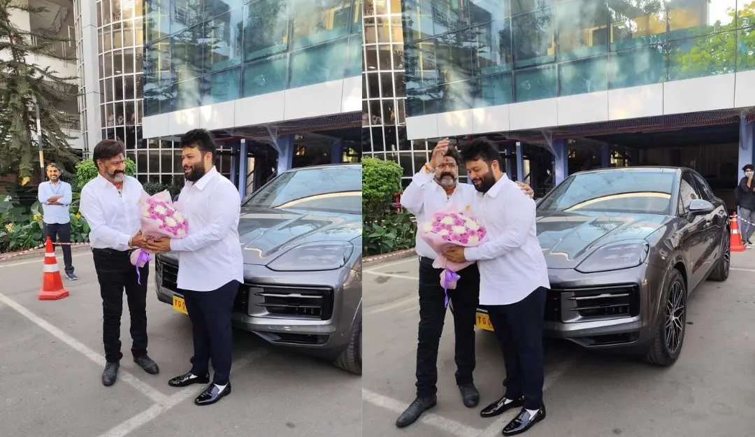 Balayya gifting the Porsche to Thaman | Photos: X