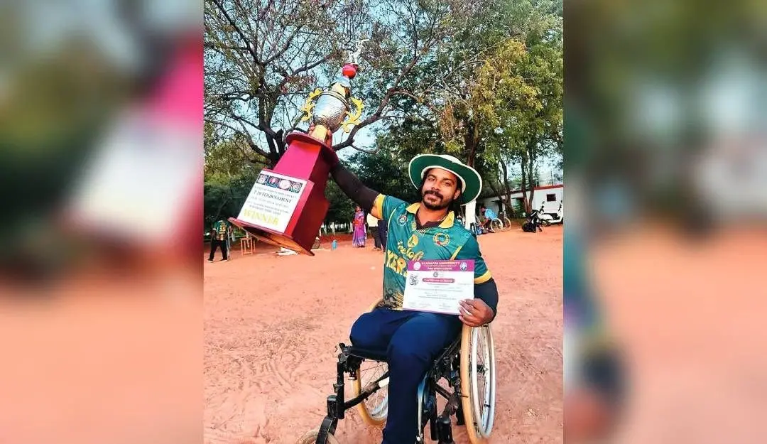 Swaroop Janardhanan with the trophy at the wheelchair cricket T20 match held in Coimbatore