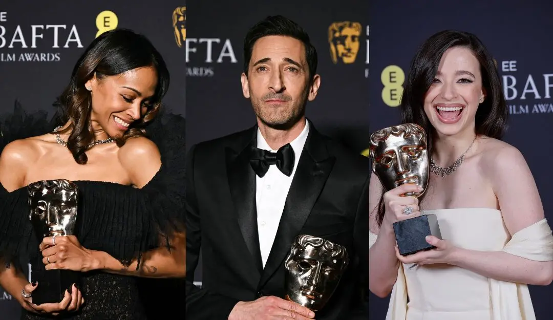 From left to right, US-Domenican actress Zoe Saldana (Best supporting actress for 'Emilia Perez'), US actor Adrien Brody (Best leading actor for 'The Brutalist'), and Mikey Madison (leading actress award for 'Anora') during the BAFTA British Academy Film Awards ceremony at the Royal Festival Hall, Southbank Centre in London | Photos: AFP, AP