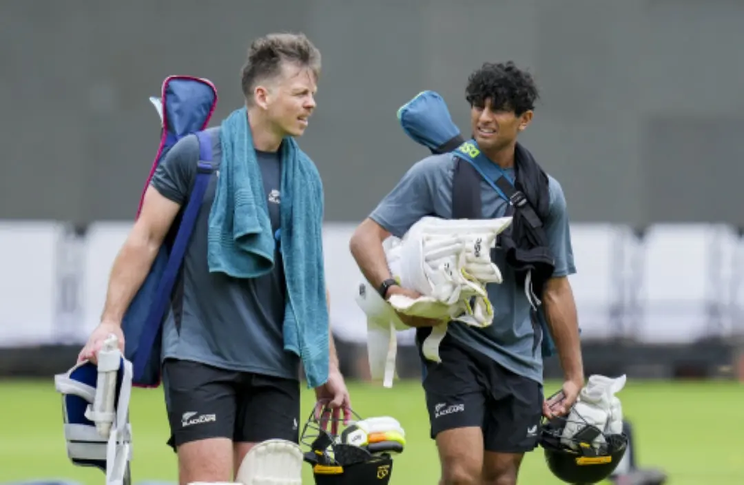 Rachin Ravindra and Michael Bracewell during a training session. | File Photo: PTI