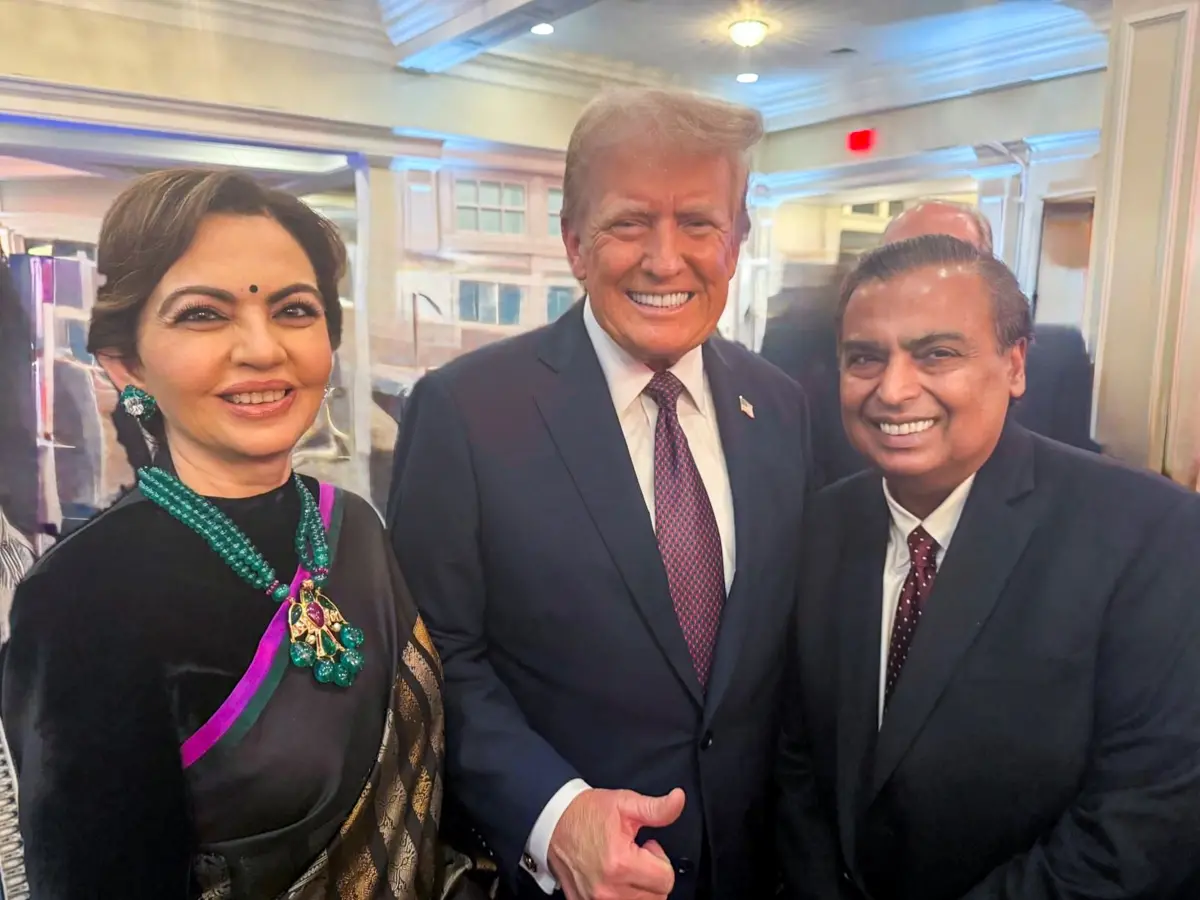 US President-elect Donald Trump with Reliance Industries Chairman Mukesh Ambani and Reliance Foundation Chairperson Nita Ambani | Photo: PTI