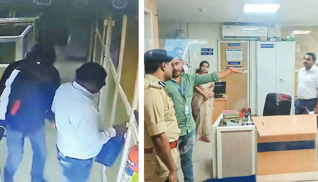 CCTV footage of the Potta Federal Bank heist (L) and a bank employee briefing Thrissur DIG Hari Shankar (R)