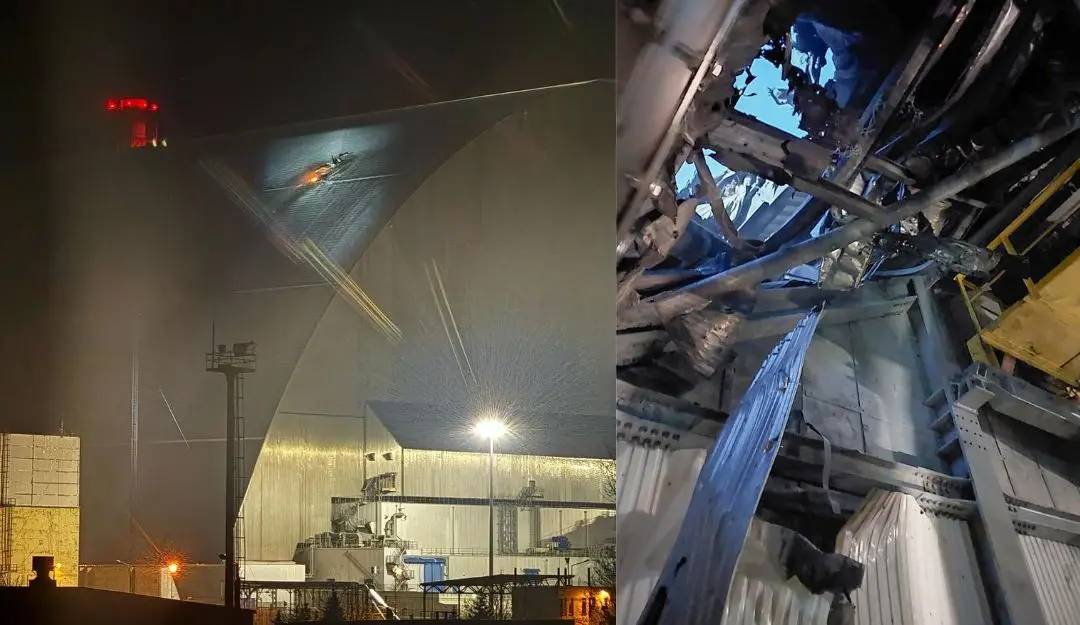 The glow after an UAV apparently had struck the roof at Chernobyl, Damaged sarcophagus that covers the destroyed 4th reactor of the plant (Photo: AP)