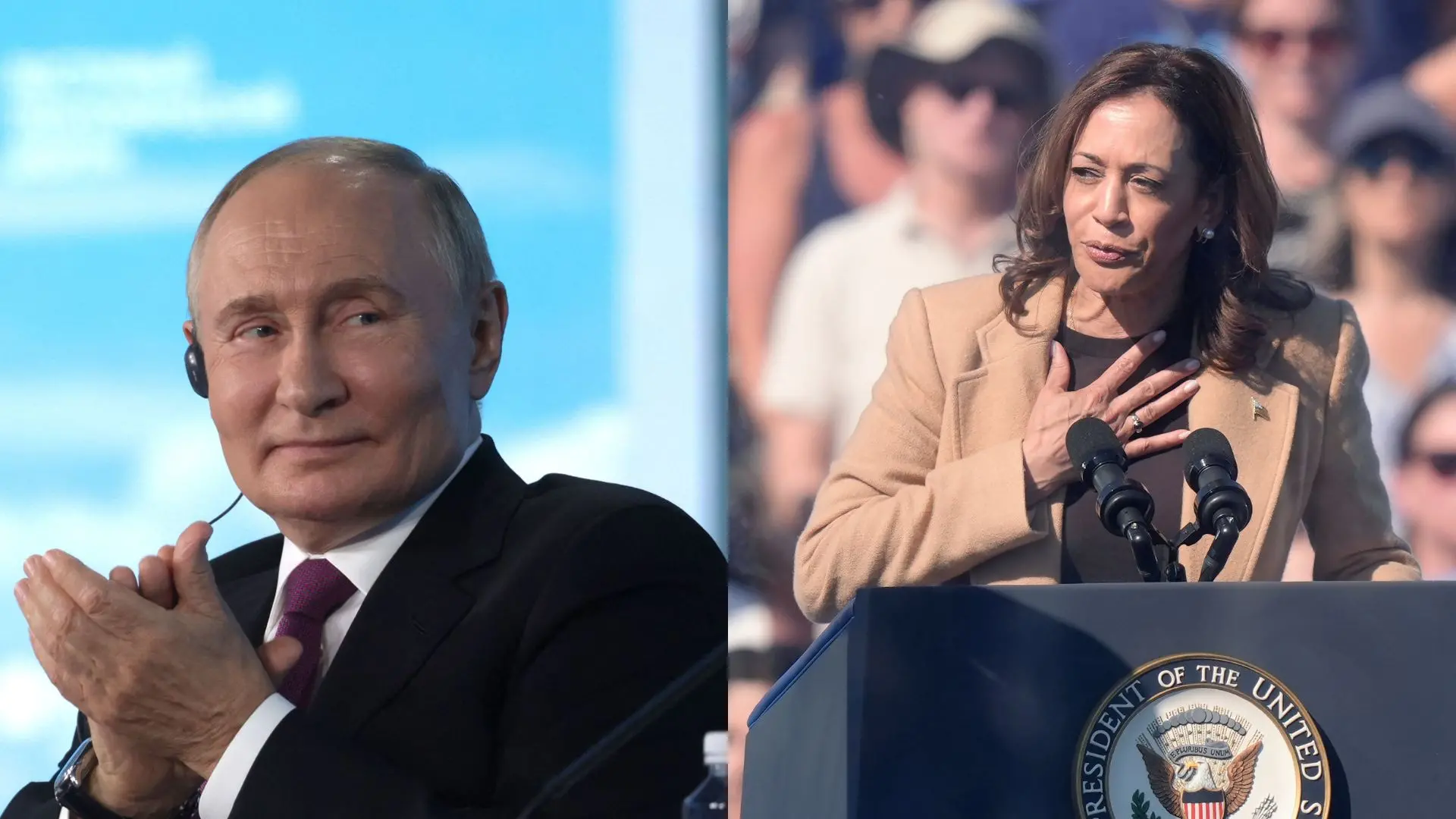 Vladimir Putin, Kamala Harris | File Photo