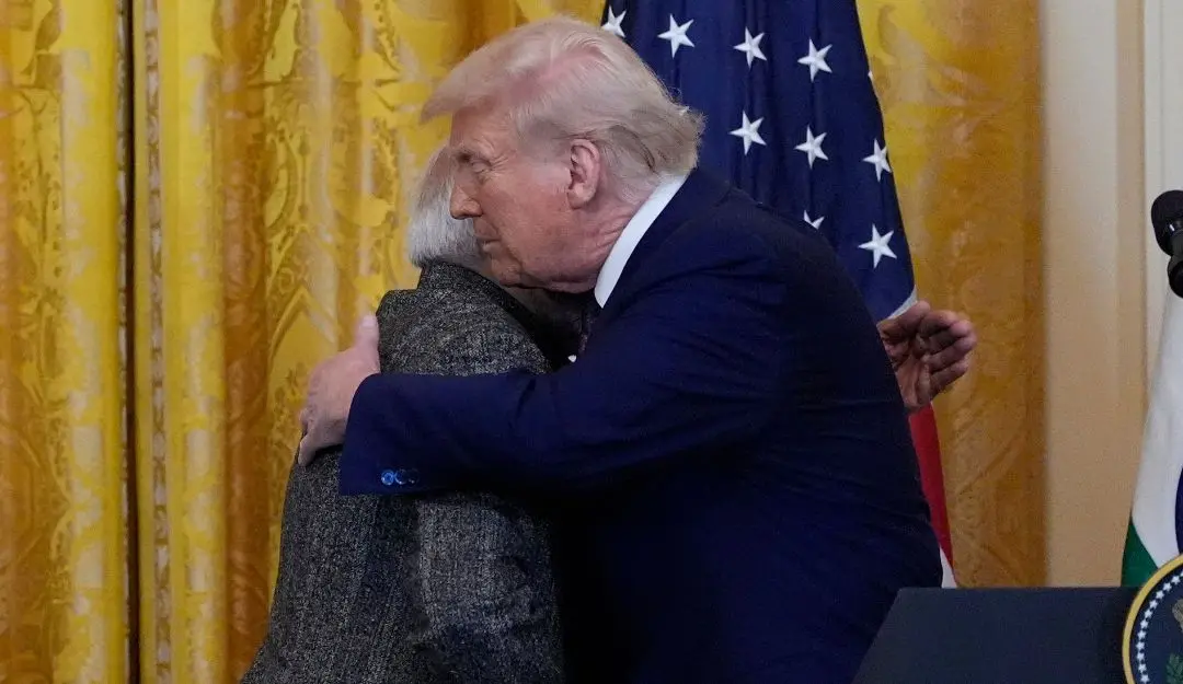 US President Donald Trump and PM Modi embrace during a news conference in the East Room of the White House | Photo: AP