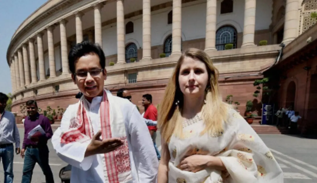 Congress MP Gaurav Gogoi with his wife Elizabeth Colebourn Gogoi at Parliament House.| File image: PTI