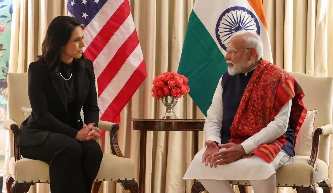 PM Modi with USA's Director of National Intelligence, Tulsi bard in Washington DC | Photo: PTI