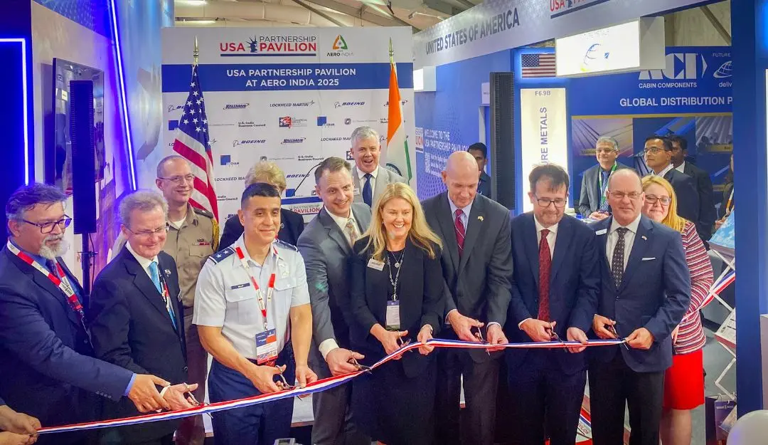 US Chargé d'Affaires Jorgan K Andrews, Assistant Deputy Under Secretary of the Air Force for International Affairs Major General Ricky Mills, Senior Defense Official BG Patrick Teague, US Consul General Chennai Chris Hodges and Peter McKenna and Carolyn Carniaux of Kallman Worldwide at the inaugural of the US Partnership Pavilion at Aero India 2025 on February 10, 2025.