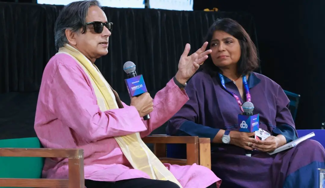 Congress MP Shashi Tharoor and journalist Anuradha Sengupta during a session on 'The Great Indian Dream' at MBIFL 2025 on Sunday, Feb 9, 2025.