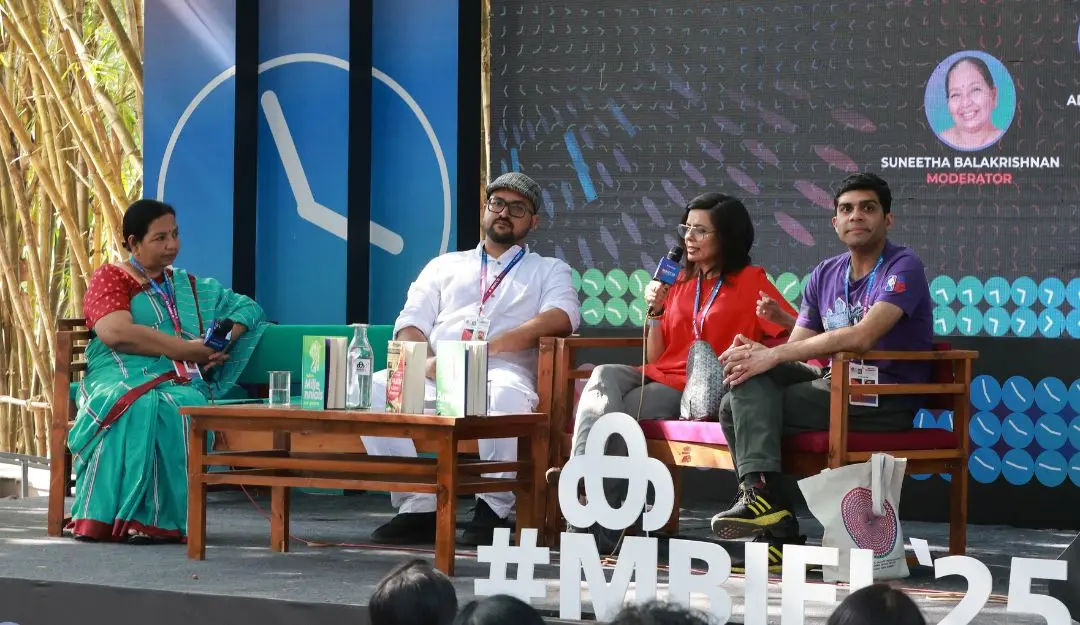 (From Left) Moderator Suneetha Balakrishnan, authors Aditya Gautam, Jyotsna Mohan and Karan Madhok during an MBIFL session on Sunday, Feb 9, 2025.