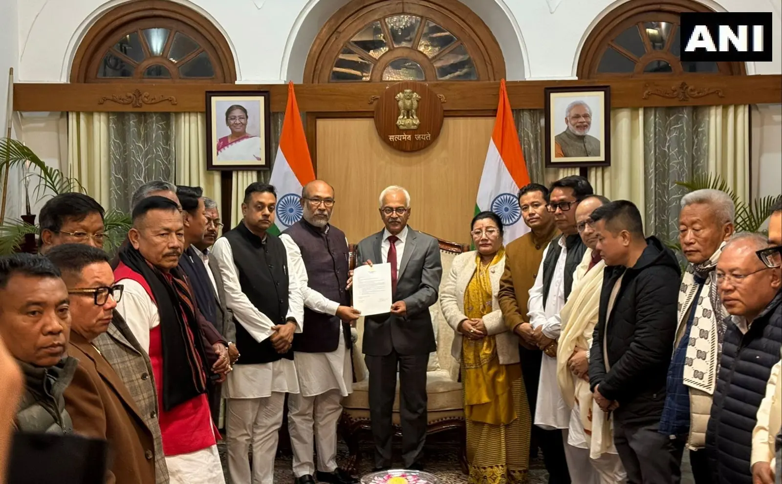 Manipur CM N Biren Singh hands over the letter of resignation from the post of Chief Minister to Governor Ajay Kumar Bhalla at the Raj Bhavan | Photo: ANI