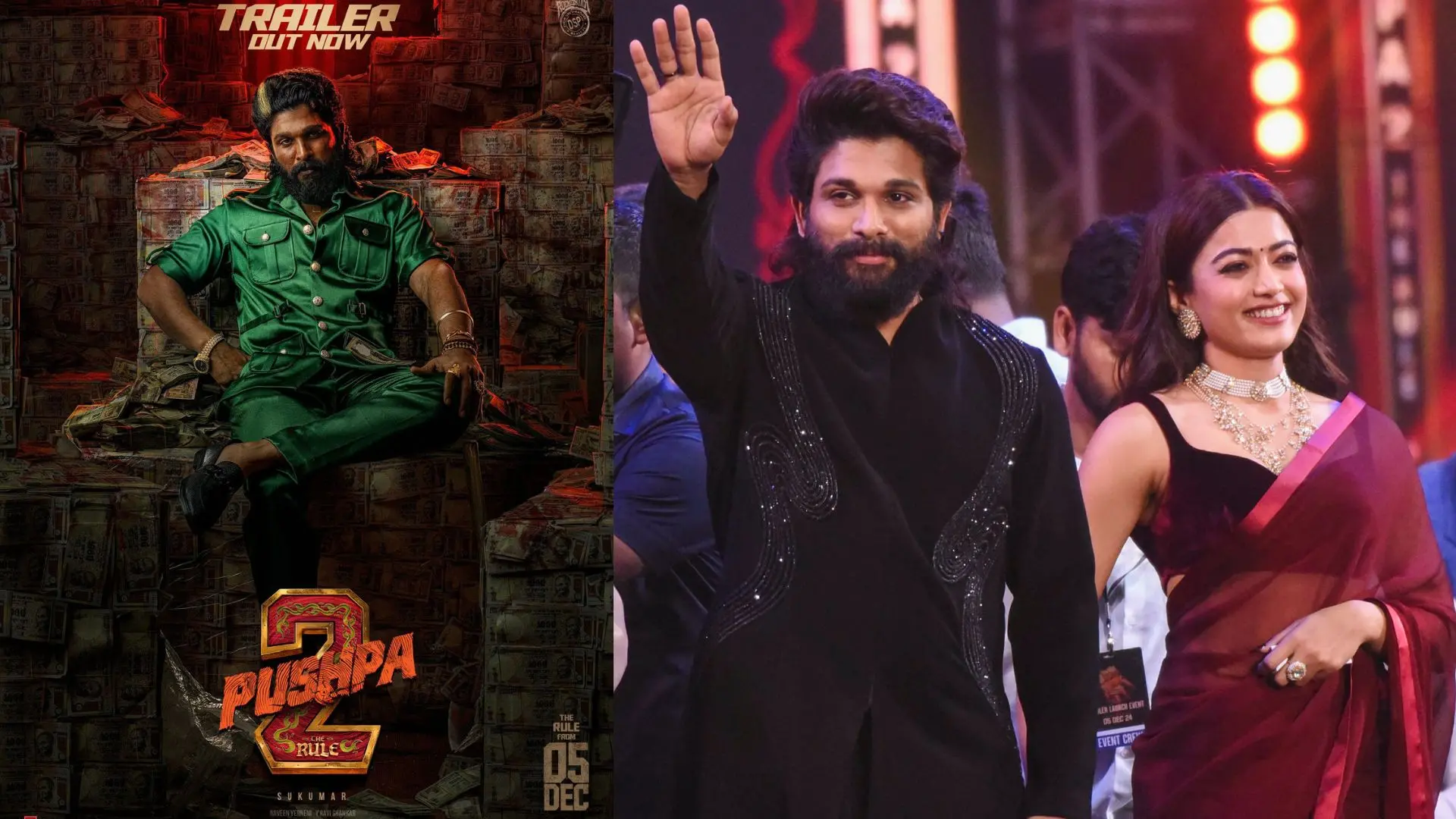 Poster of Pushpa 2, Allu Arjun, Rashmika during trailer launch | Photo: X, PTI