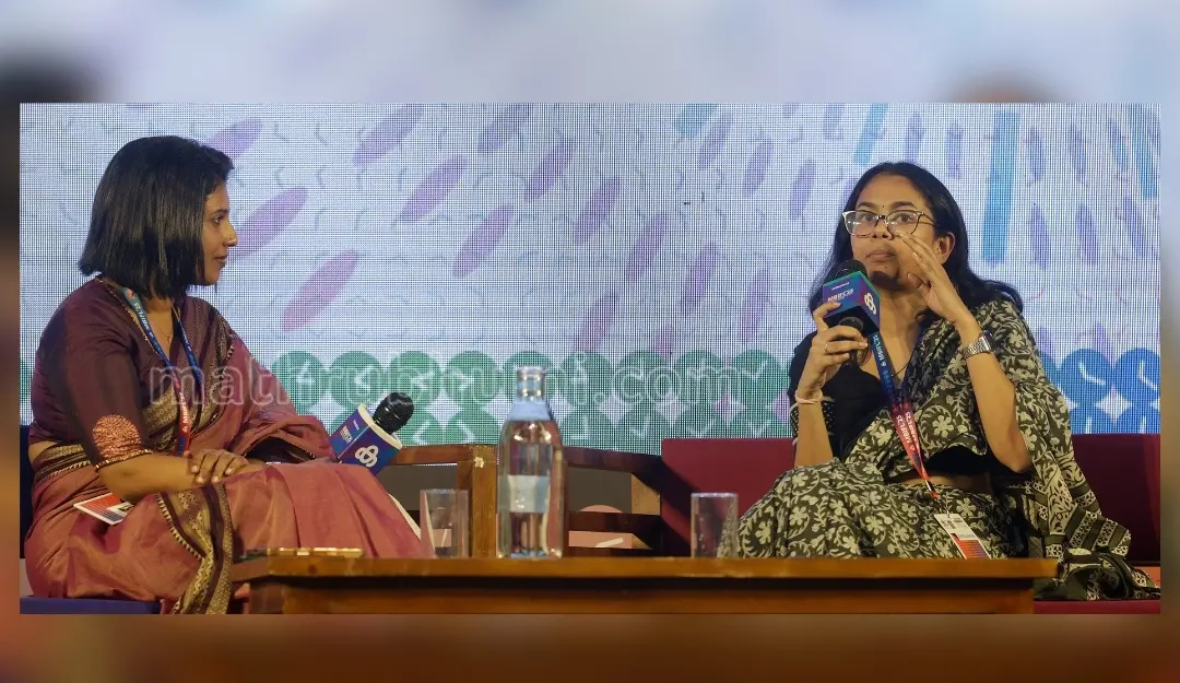 Aishe Ghosh, former JNU Students' Union President, and media personality Amrutha Satheesan at MBIFL'25.| Mathrubhumi.
