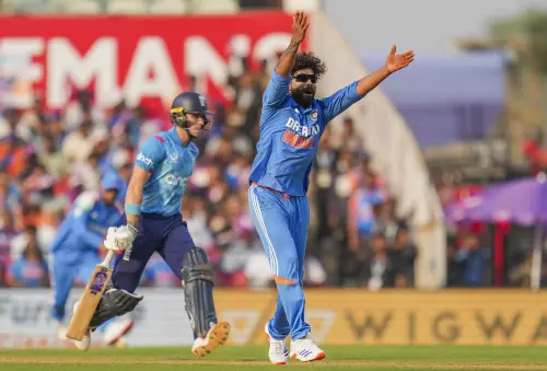 India's Ravindra Jadeja appeals successfully for the wicket of England's Jacob Bethell during the first One Day International (ODI) cricket match between India and England at Vidarbha Cricket Association (VCA) Stadium, in Nagpur, Maharashtra. | Photo: PTI
