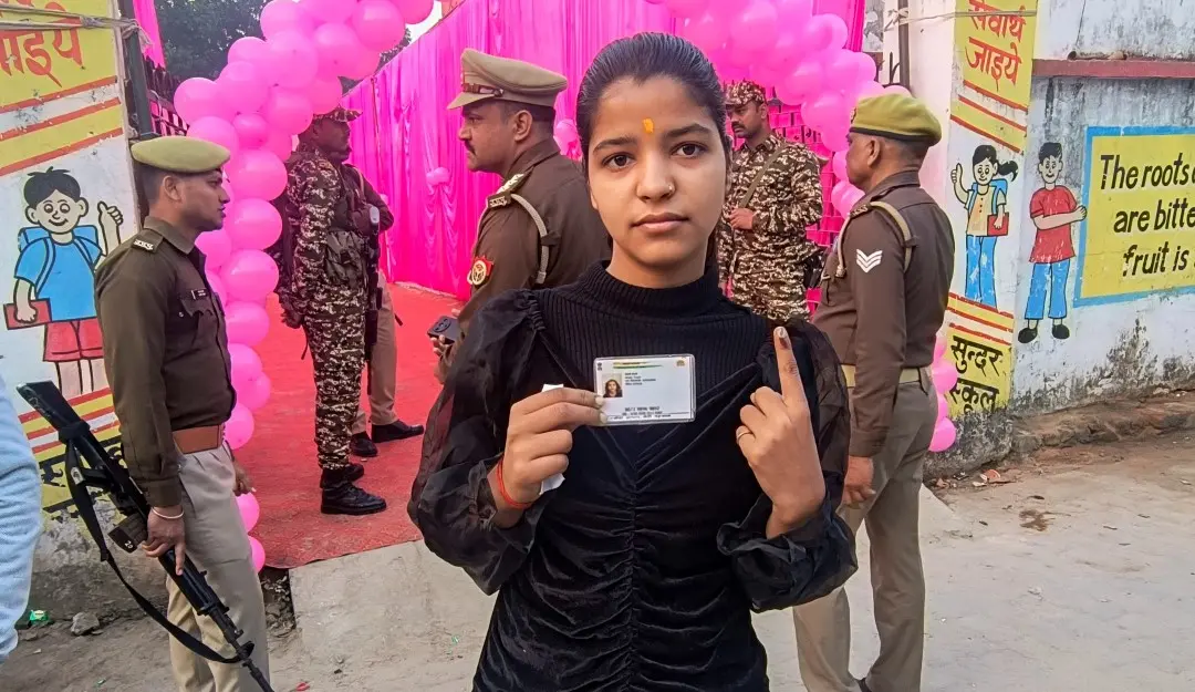 19-year-old first-time voter casting her vote during the Milkipur Assembly constituency by-elections