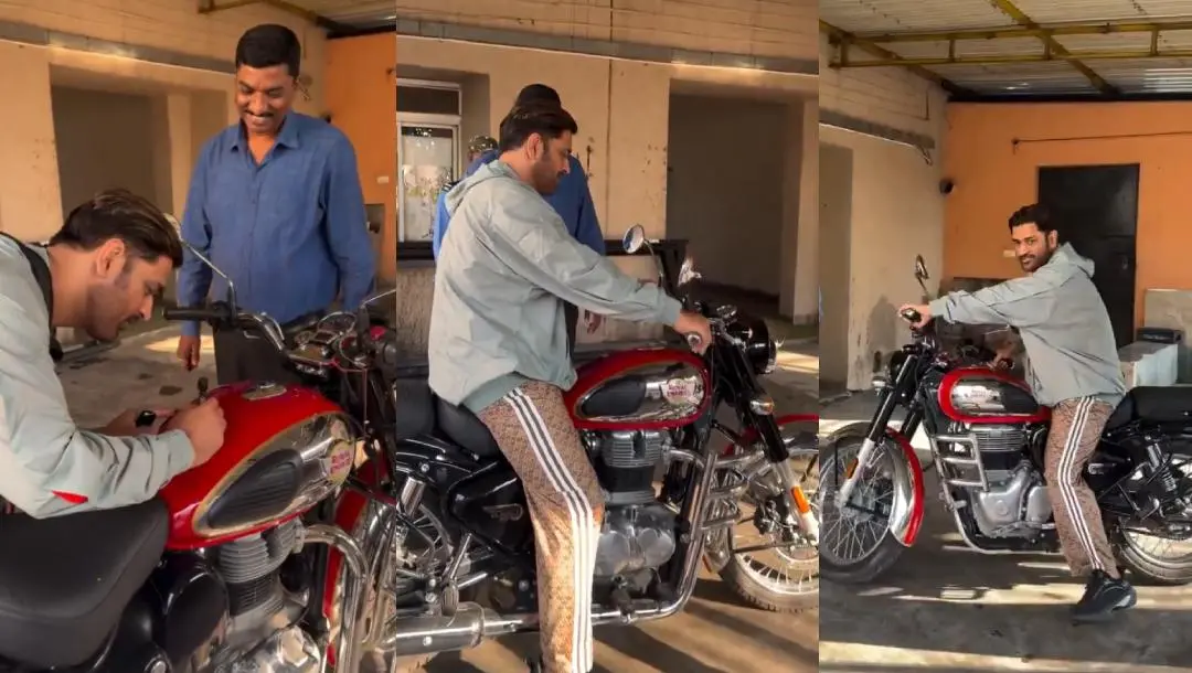 Dhoni autographs a fan's bike and takes it for a test-ride | Photo: X/Johns