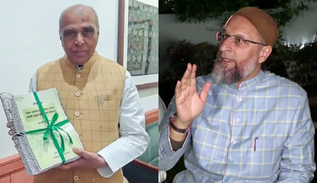 Chairman of JPC BJP MP Jagdambika Pal with Waqf (Amendment) Bill, 2024 and AIMIM Chief Asaduddin Owaisi.| ANI