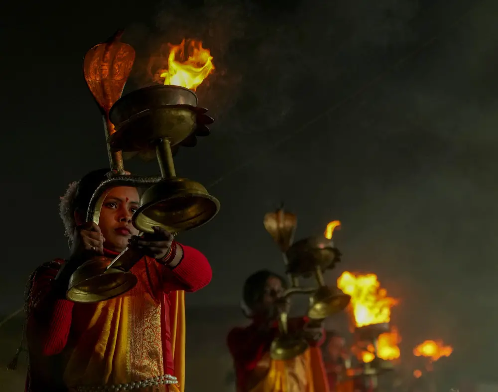 'Mahila Batuks' perform 'Ganga Aarti' at Sangam during the ongoing Maha Kumbh Mela 2025 | PTI