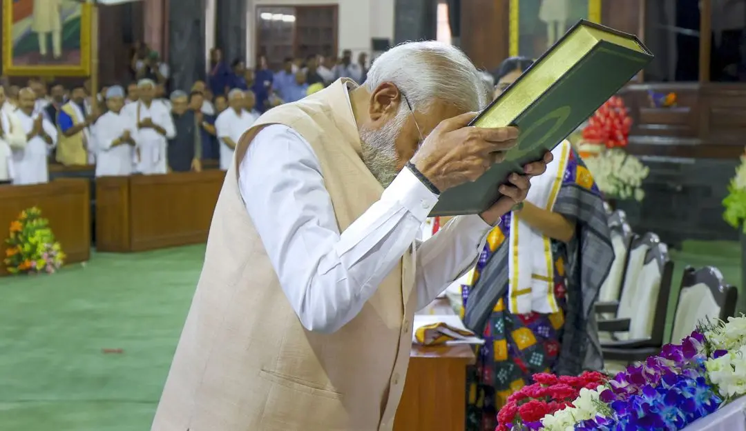 File photo shows Prime Minister Narendra Modi paying respects to the Constitution of India as he attends the NDA Parliamentary Party meeting at Samvidhan Sadan