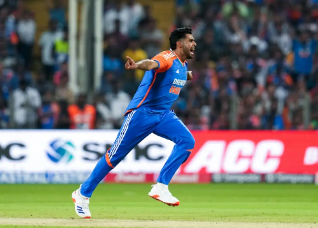 Harshit Rana celebrates the dismissal of England's Liam Livingstone during the 4th T20I, at Maharashtra Cricket Association Stadium in Pune. | Photo: PTI