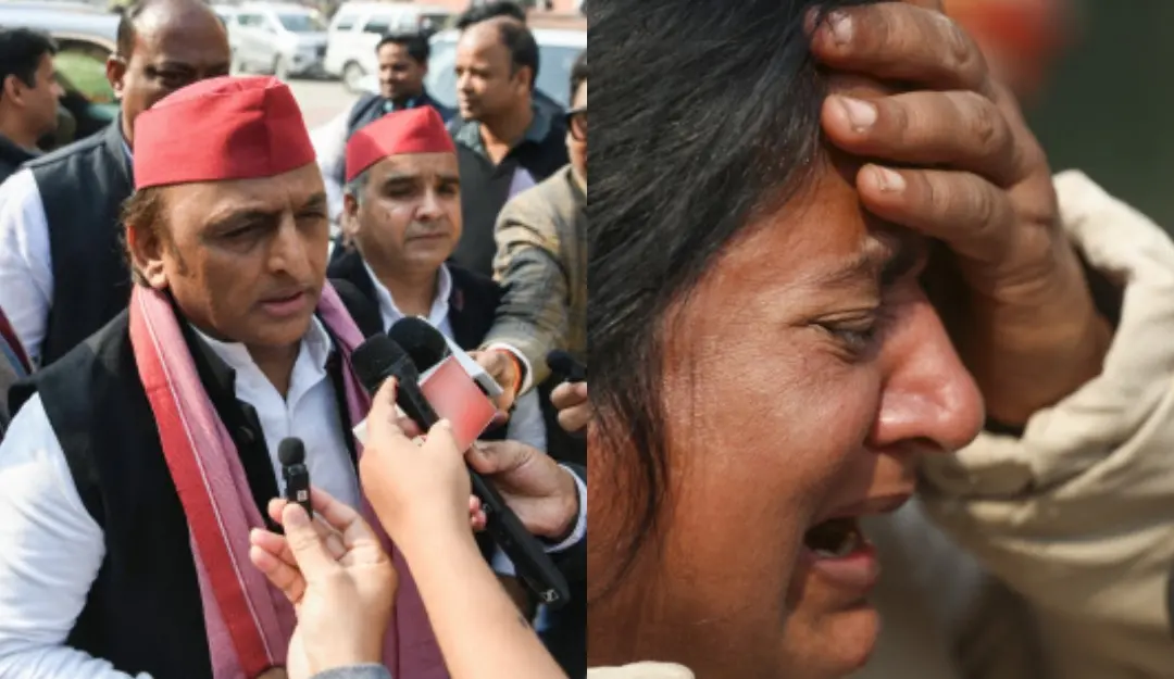 Samajwadi Party (SP) chief Akhilesh Yadav speaks to the media as he arrives to attend the first day of the Budget Session, at Parliament House (L) and A woman in tears while searching for her missing relative at Maha Kumbh stampede on Friday.(R) | File image: PTI