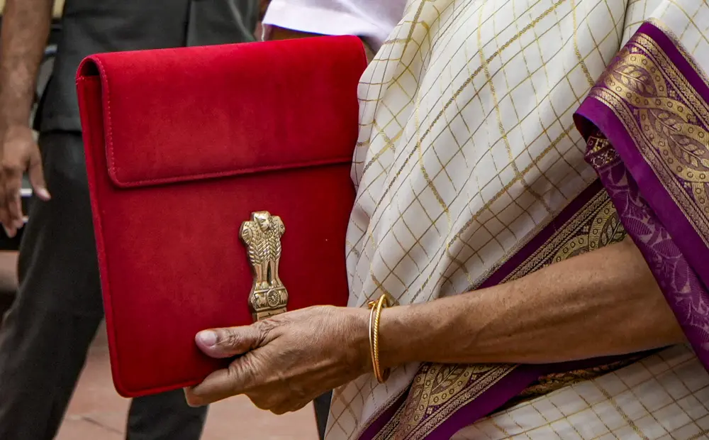 Union Finance Minister Nirmala Sitharaman with a red pouch carrying the Budget documents | Photo: PTI