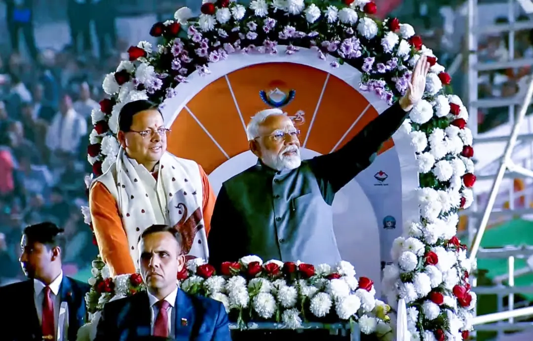 PM Narendra Modi with Uttarakhand CM Pushkar Singh Dhami during the opening ceremony of 38th National Games | Photo: PTI