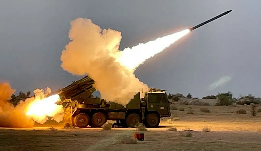 An Extended Range Pinaka (Pinaka-ER) Multi Barrel Rocket Rocket Launcher System being successfully flight-tested by Defence Research and Development Organisation (DRDO) at Pokharan range, in Jaisalmer district of Rajasthan