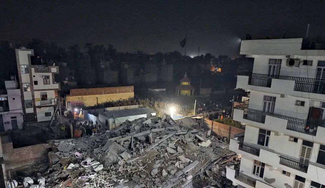 Rescue operations underway after a four-storey recently built building collapsed at Kaushik Enclave in Delhi's Burari area | Photo: ANI