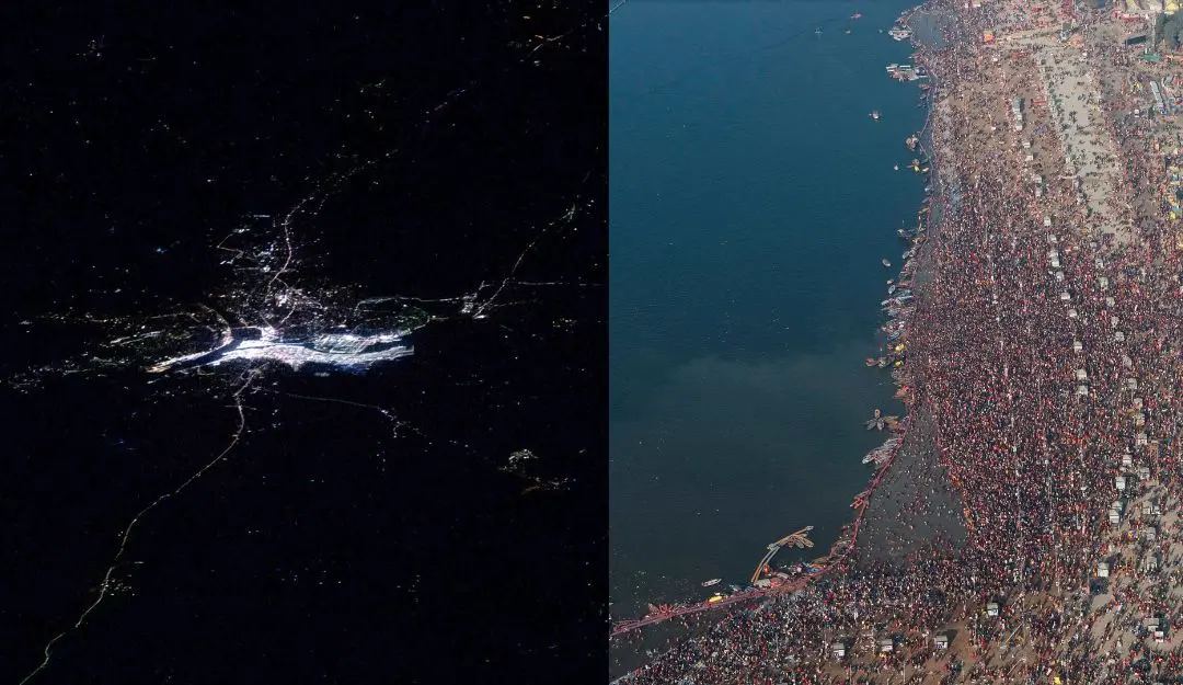 An aerial view of the Triveni Sangam shared by NASA Astronaut Don Pettit from the International Space Station during the Maha Kumbh 2025 in Prayagraj, Devotees gather to take a holy dip at the Sangam | Photos: ANI, PTI