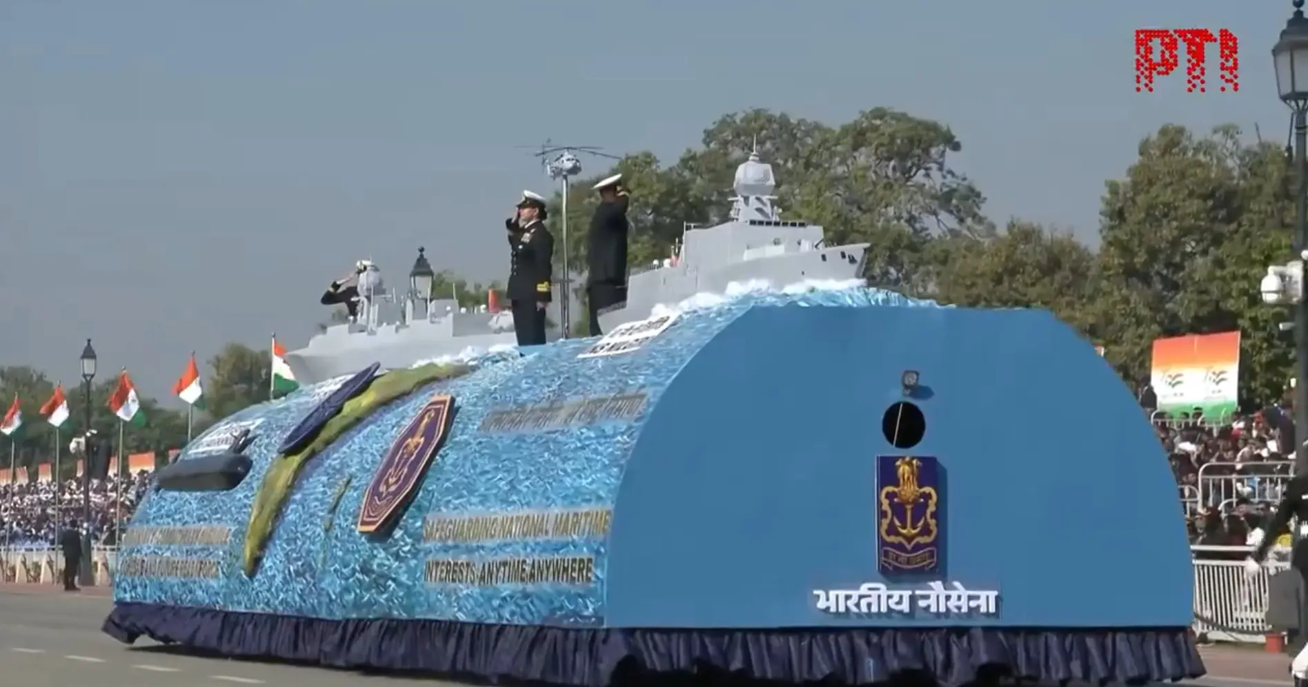 Navy's R-Day tableau showcases three newly commissioned frontline combatants | Photo: Screen grab of X / PTI