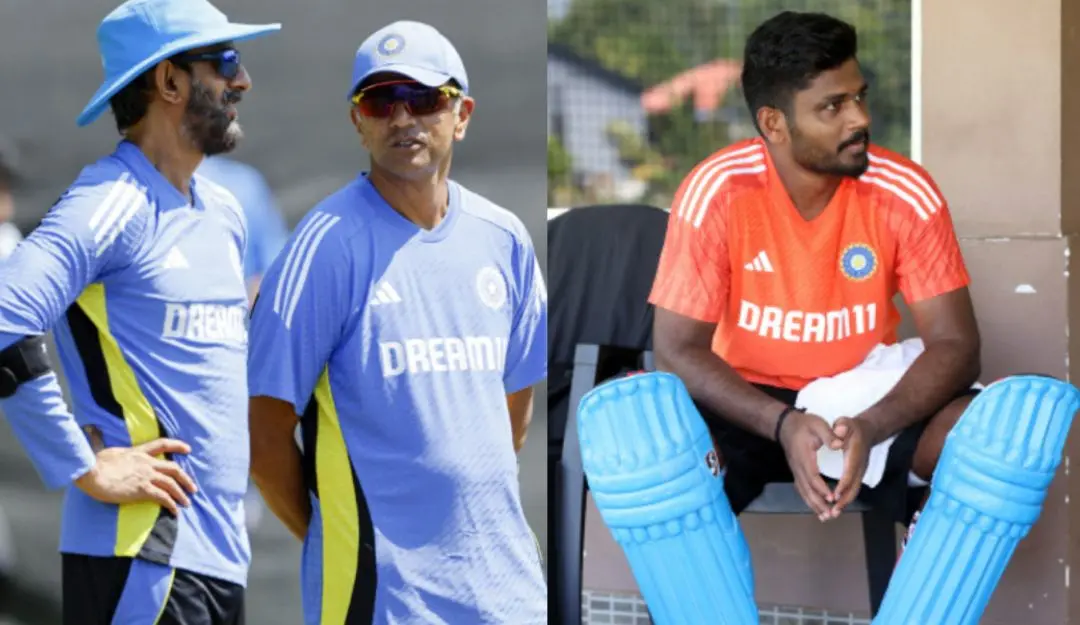 From (L) Vikram Rathour and Rahul Dravid; Sanju Samson | Photos: Agencies/MBI Archives