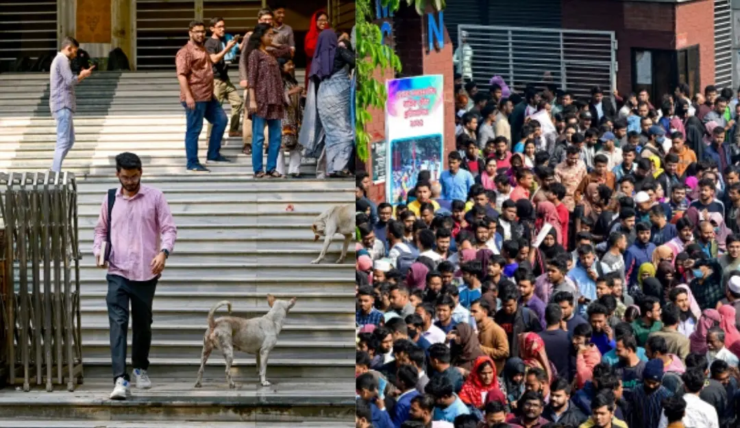 Job applicants leaving an exam center after completing a written test in Dhaka and student Mohammad Rizwan Chowdhury walking out the department of Political Science at the university premises in Dhaka. | Photo: AFP