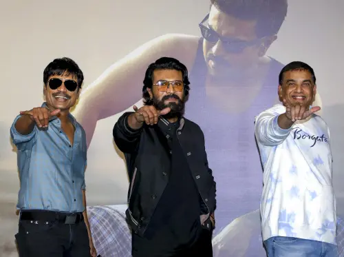 Actors Ram Charan, center, and SJ Surya, left, with actor and film producer Dil Raju during the trailer launch of their upcoming film 'Game Changer', in Mumbai. | File image: PTI