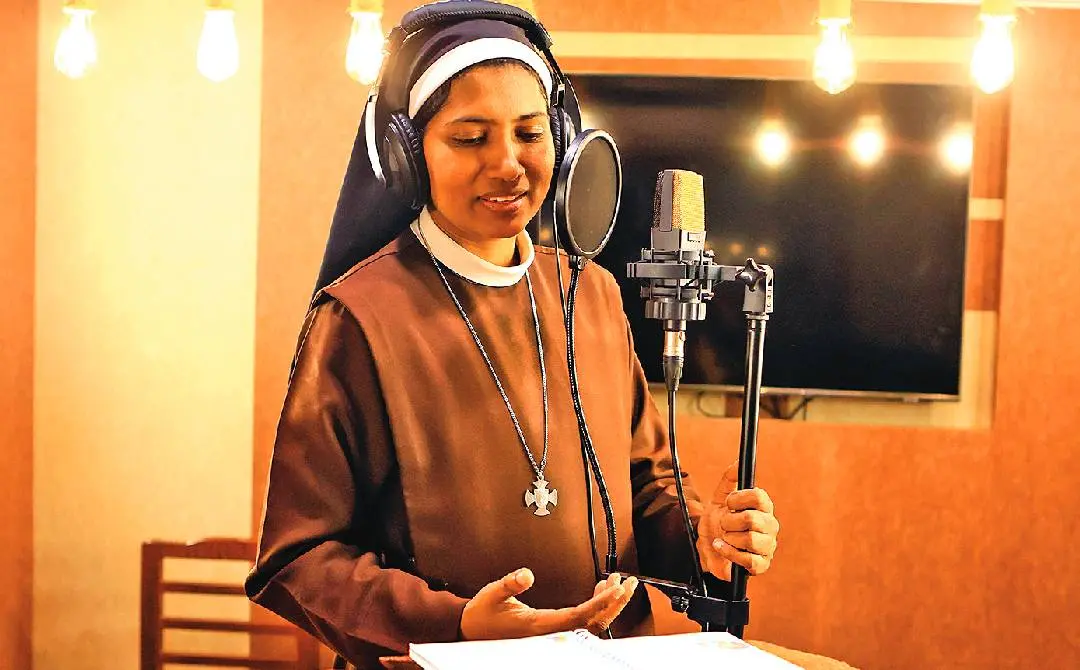 Sister Lismi Parayil giving a voiceover for a video at the studio in Nirmala Province, Kolazhy.