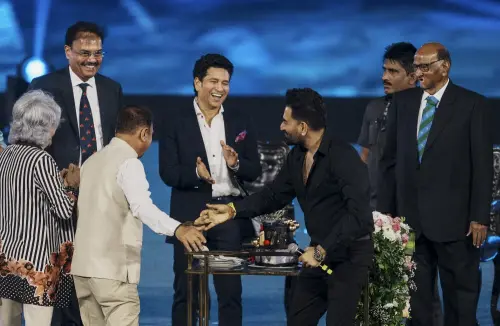 Cricketers Ajinkya Rahane, Dilip Vengsarkar, Sachin Tendulkar, Sunil Gavaskar, Ravi Shastri, Indian captain Rohit Sharma and NCP (SP) leader Sharad Pawar during the 50th anniversary celebration of the Wankhede Stadium, in Mumbai, Sunday, Jan. 19, 2025.| Photo: PTI