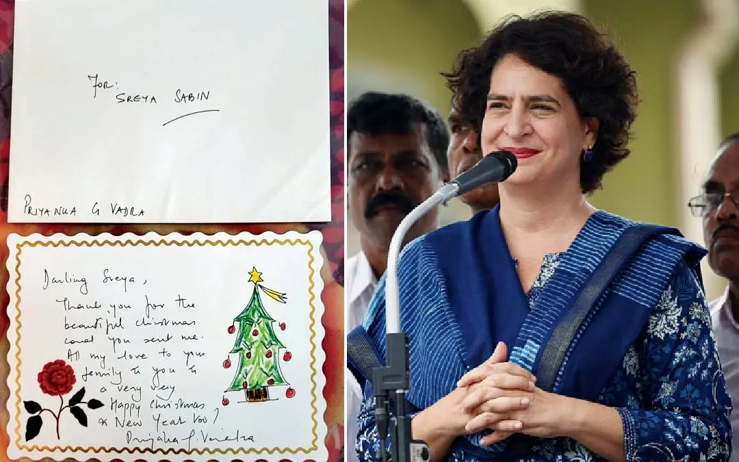 Priyanka Gandhi MP's handwritten reply card to Sreya Sabin | Photo: Mathrubhumi, ANI