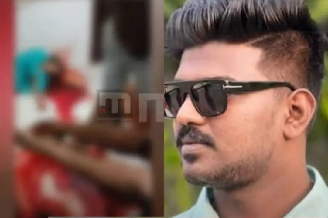 Victims lying in a pool of blood (blurred); Arrested suspect Rithu Jayan
