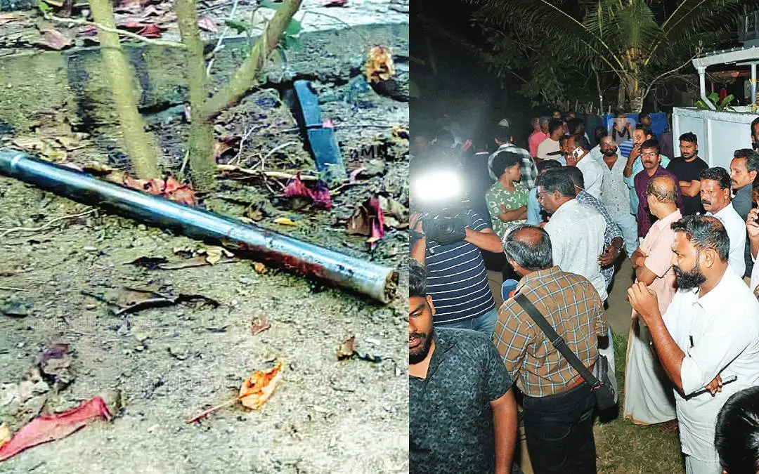 Iron rod and knife recovered from the backyard (L) and locals gathered outside the house (R)