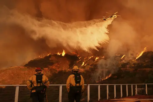 Firefighters watch as water is dropped on the Palisades Fire in Mandeville Canyon  in Los Angeles. | Photo: AP/PTI
