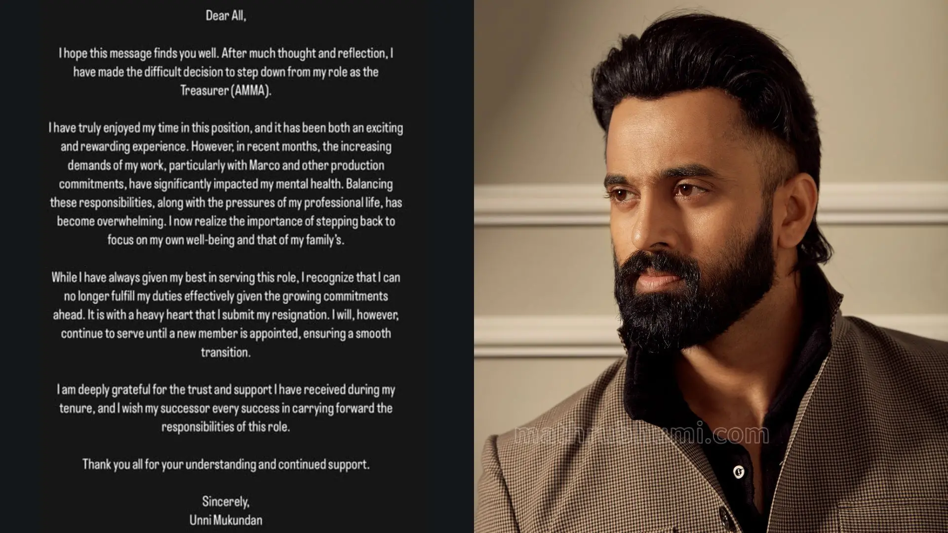 Unni Mukundan announces from AMMA treasurer position | Photo: fb post, mathrubhumi