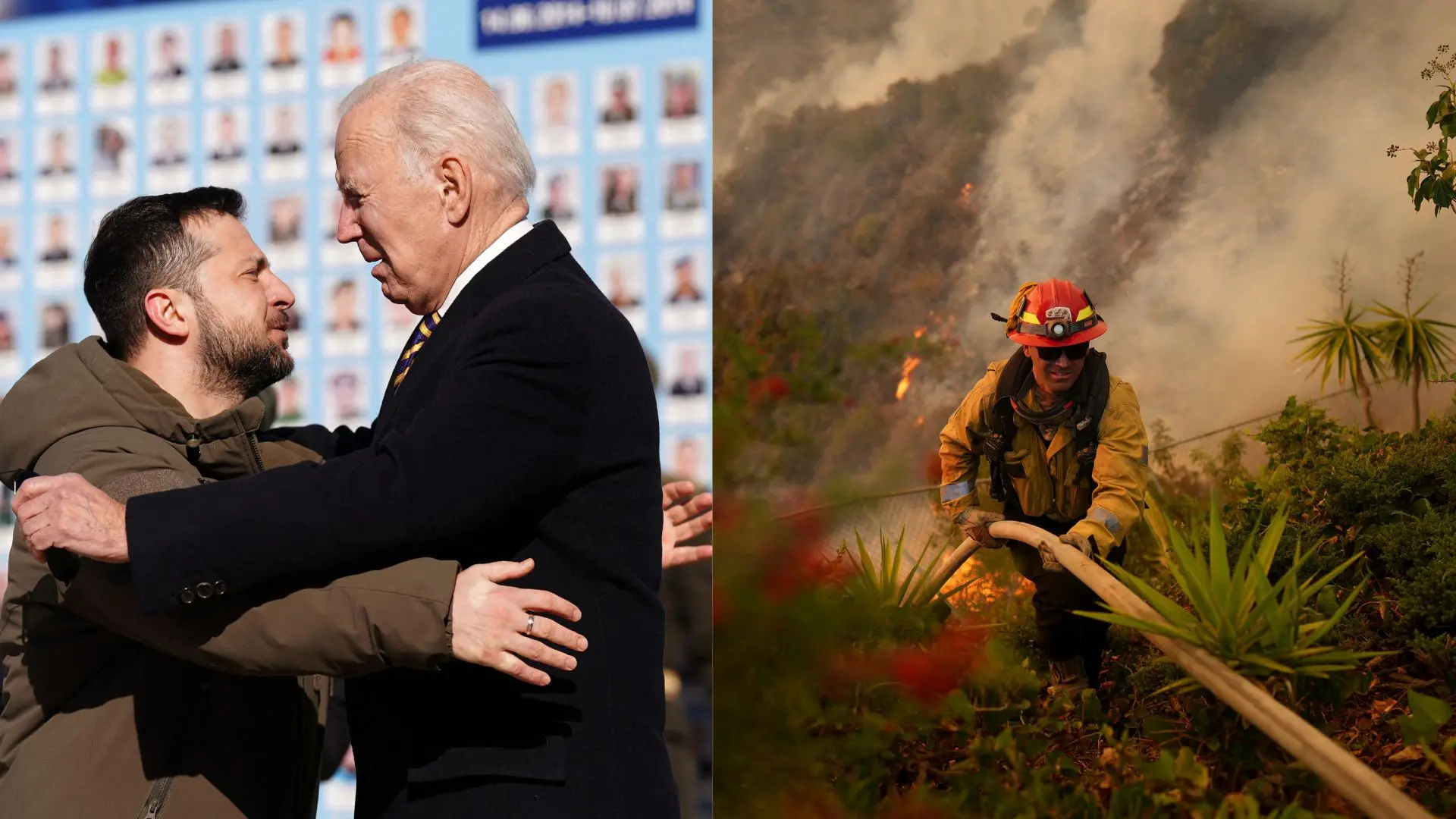 Zelensky and Biden, a firefighter sets up a hose while fighting the Palisades Fire in Mandeville Canyon (Representational Images) | Photos: AP, AFP
