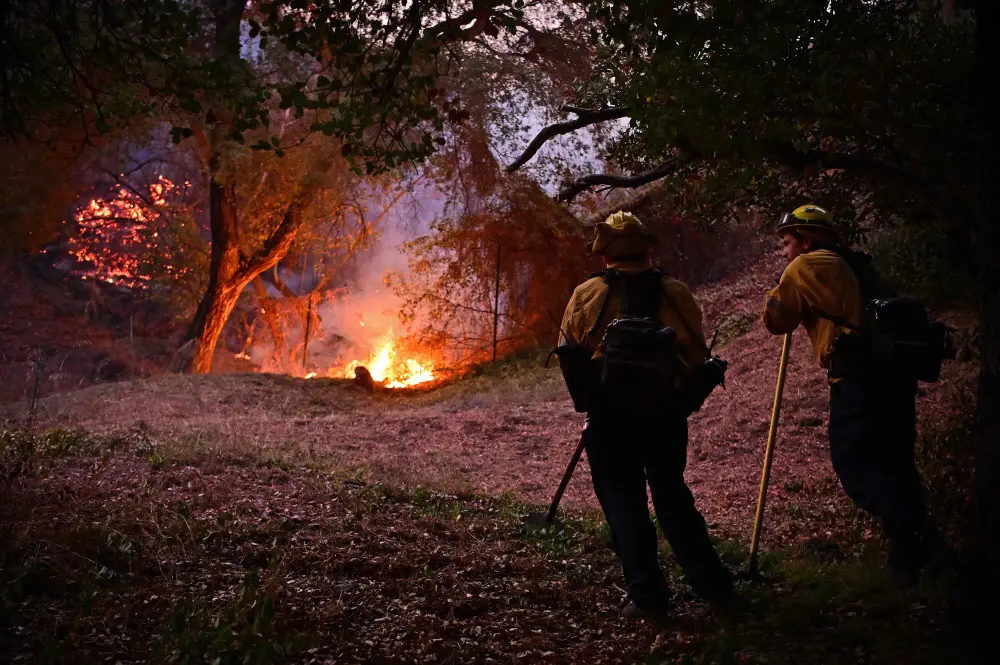 Firefighters monitor flames in the Mandeville Canyon neighborhood of Los Angeles | AFP