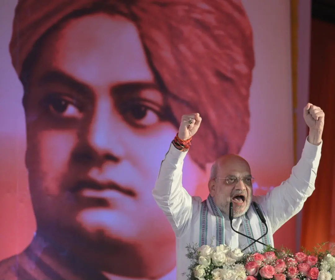 Union Home Minister Amit Shah addresses the closing ceremony of Maharashtra BJP's convention at Shirdi in Ahmednagar on Sunday.