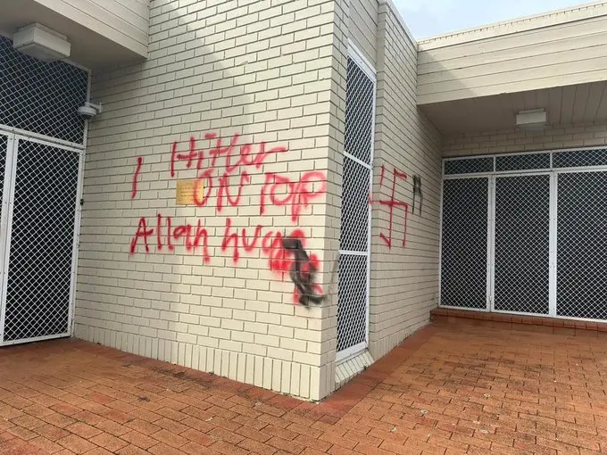 Graffiti reading 'Hitler on top,' 'Allahu Akbar,' and the swastika symbol on the synagogue walls | Screengrab (X)