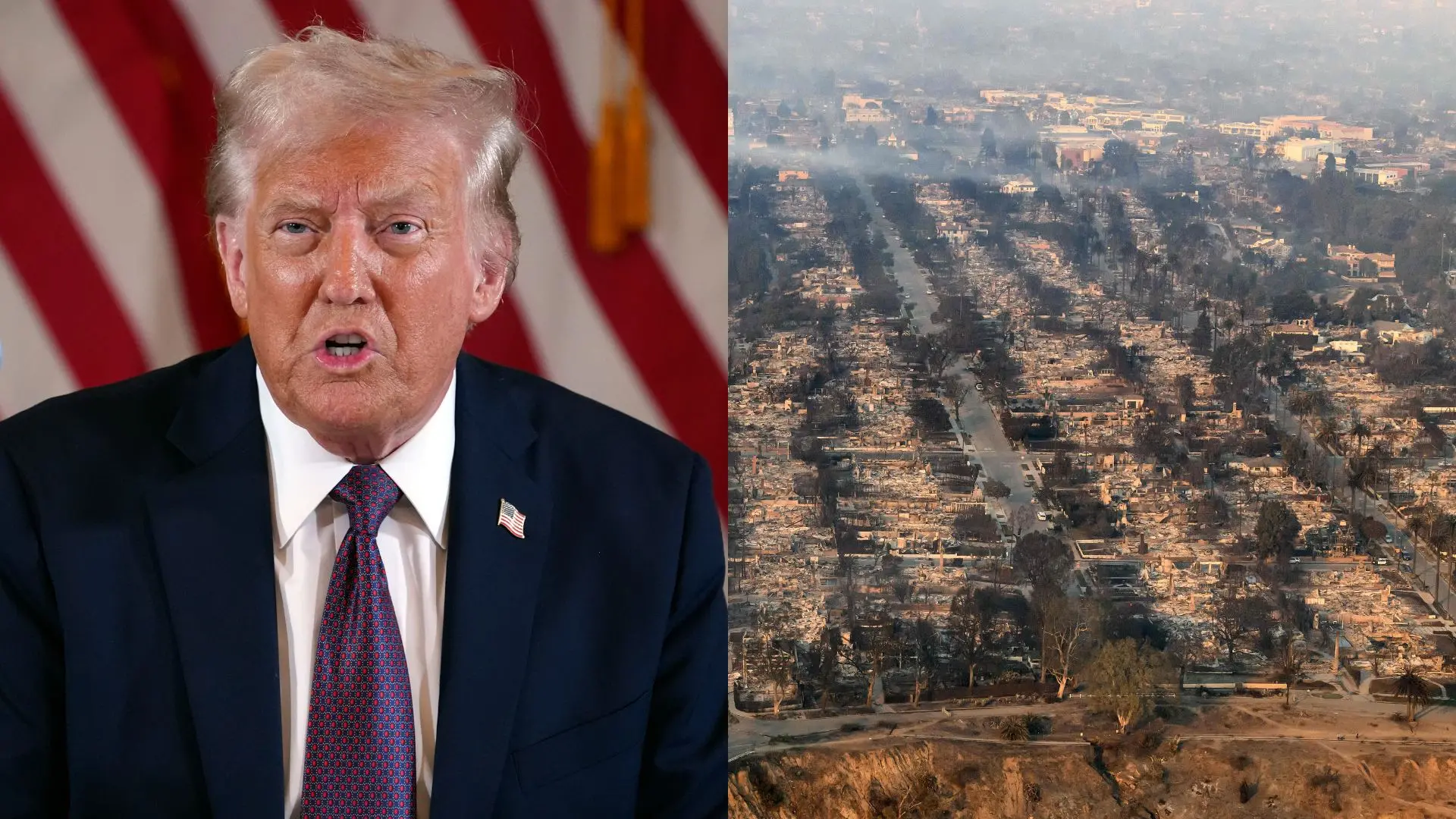Donald Trump, homes burned from the Palisade fire smolder near the Pacific Palisades neighborhood of Los Angeles | Photos: AP, AFP