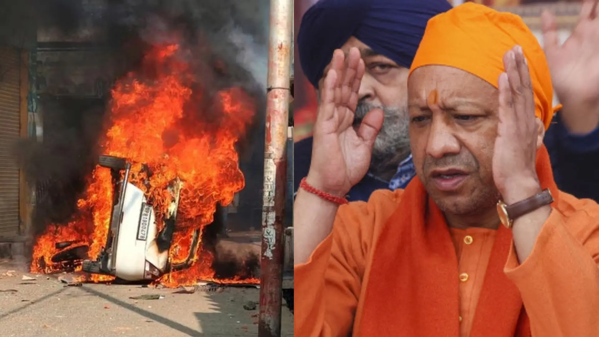 A vehicle burns during a clash between protesters and police in Sambhal and UP CM Yogi Adityanath | File Photo: AP