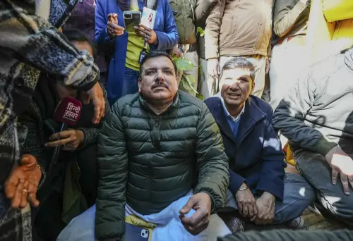 Aam Aadmi Party (AAP) leaders Sanjay Singh and Saurabh Bharadwaj outside Delhi Chief Minister Atishi's official residence. | PTI