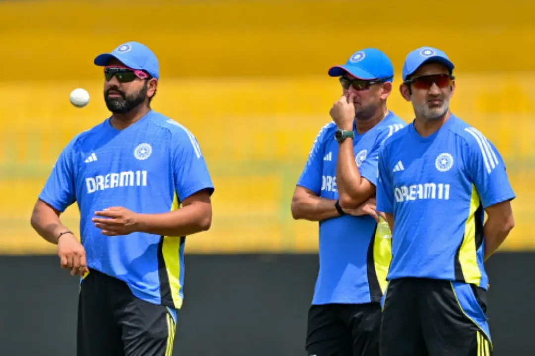 India's captain Rohit Sharma, head coach Gautam Gambhir (R) and chief selector Ajit Agarkar (C) look on during a practice session. | File Photo: AFP